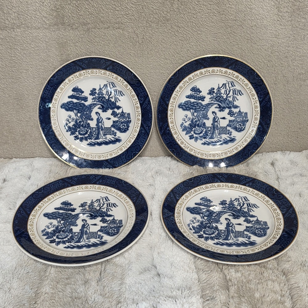 4 Vintage Nikko Double Phoenix Blue Willow 7" Salad Plates Japan NKT Ironstone